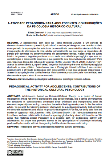 A ATIVIDADE PEDAGÓGICA PARA ADOLESCENTES: CONTRIBUIÇÕES DA PSICOLOGIA HISTÓRICO-CULTURAL