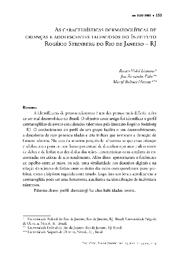 As características dermatoglíficas de crianças e adolescentes talentosos do Instituto Rogério Steinberg do Rio de Janeiro - RJ