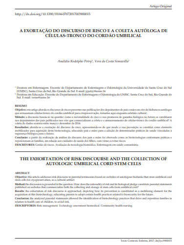 A EXORTAÇÃO DO DISCURSO DE RISCO E A COLETA AUTÓLOGA DE CÉLULAS-TRONCO DO CORDÃO UMBILICAL