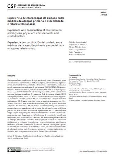 Experiência de coordenação do cuidado entre médicos da atenção primária e especializada e fatores relacionados