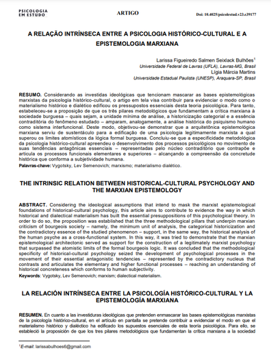 A RELAÇÃO INTRÍNSECA ENTRE A PSICOLOGIA HISTÓRICO-CULTURAL E A EPISTEMOLOGIA MARXIANA
