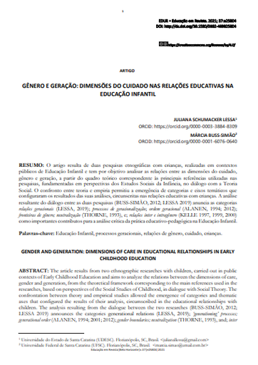 GÊNERO E GERAÇÃO: DIMENSÕES DO CUIDADO NAS RELAÇÕES EDUCATIVAS NA EDUCAÇÃO INFANTIL