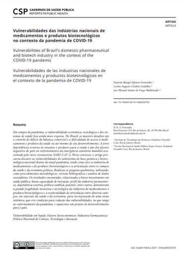 Vulnerabilidades das indústrias nacionais de medicamentos e produtos biotecnológicos no contexto da pandemia de COVID-19