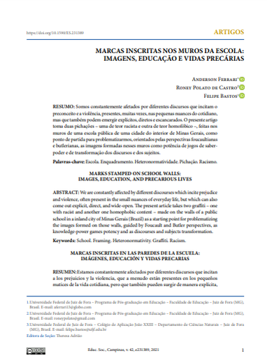 MARCAS INSCRITAS NOS MUROS DA ESCOLA: IMAGENS, EDUCAÇÃO E VIDAS PRECÁRIAS