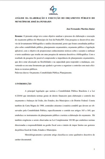 Análise da elaboração e execução do orçamento público do município de José da Penha/ RN