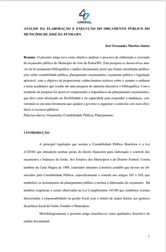 Análise da elaboração e execução do orçamento público do município de José da Penha/ RN