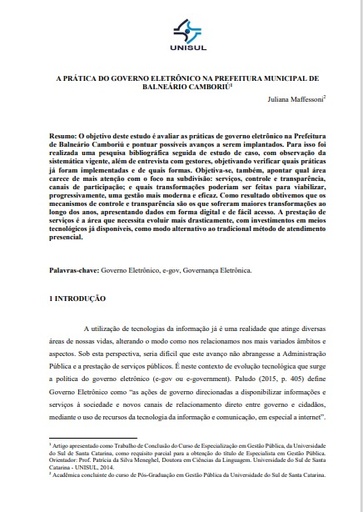 A prática do governo eletrônico na Prefeitura Municipal de Balneário Camboriú