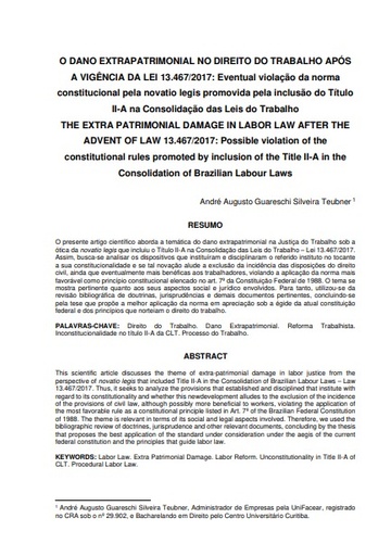 O dano extrapatrimonial no direito do trabalho após a vigência da lei 13.467/2017: eventual violação da norma constitucional pela novatio legis promovida pela inclusão do Título II-A na consolidação das leis do trabalho