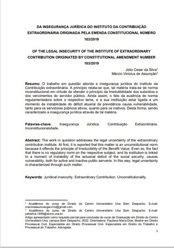 Da insegurança jurídica do instituto da contribuição extraordinária orginada pela emenda constitucional número 103/2019