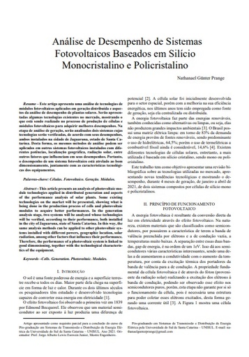 Análise de Desempenho de Sistemas Fotovoltaicos Baseados em Silício Monocristalino e Policristalino