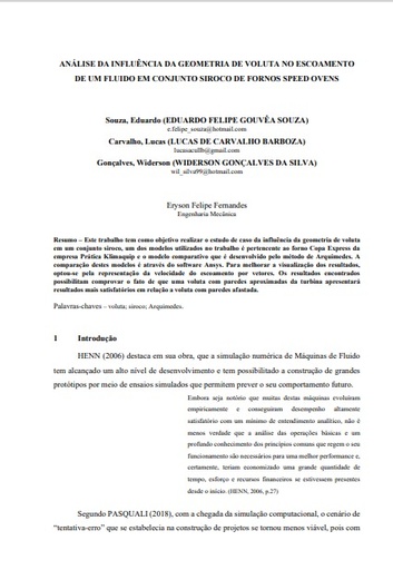 Análise da influência da geometria de voluta no escoamento de um fluido em conjunto siroco de fornos Speed Ovens