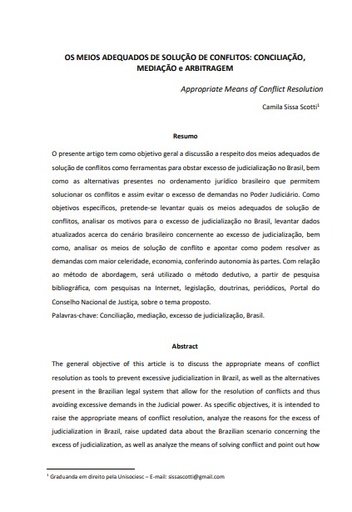 Os meios adequados de solução de conflitos: conciliação, mediação e arbitragem