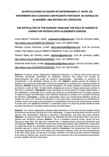 As dificuldades da equipe de enfermagem e o papel do enfermeiro nos cuidados com paciente portador da doença de alzheimer: Uma revisão literária
