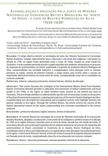 Evangelização e educação pela Junta de Missões Nacionais da Convenção Batista Brasileira no ‘norte de Goiás’: o caso de Beatriz Rodrigues da Silva (1935-1939)