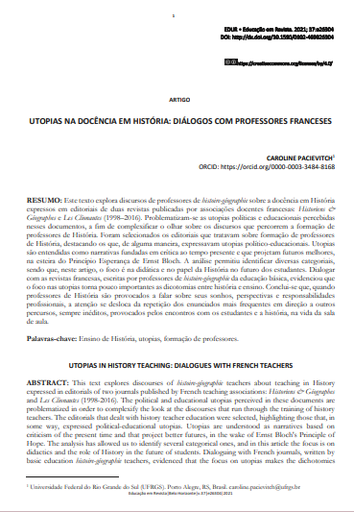 UTOPIAS NA DOCÊNCIA EM HISTÓRIA: DIÁLOGOS COM PROFESSORES FRANCESES