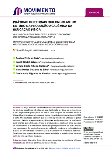 PRÁTICAS CORPORAIS QUILOMBOLAS: UM ESTUDO DA PRODUÇÃO ACADÊMICA NA EDUCAÇÃO FÍSICA