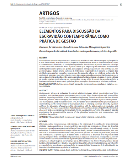 ELEMENTOS PARA DISCUSSÃO DA ESCRAVIDÃO CONTEMPORÂNEA COMO PRÁTICA DE GESTÃO