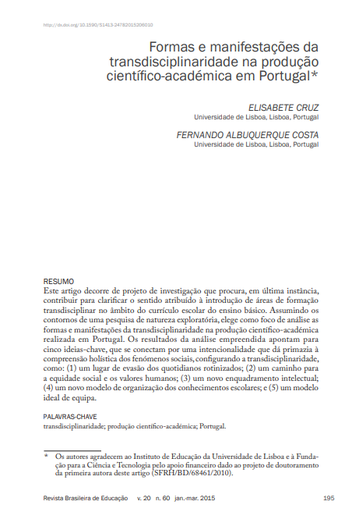 Formas e manifestações da transdisciplinaridade na produção científico-académica em Portugal