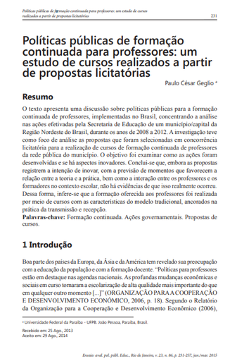 Políticas públicas de formação continuada para professores: um estudo de cursos realizados a partir de propostas licitatórias