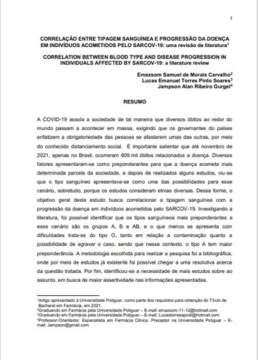 Correlação entre tipagem sanguínea e progressão da doença em indivíduos acometidos pelo sarcov-19: uma revisão de literatura