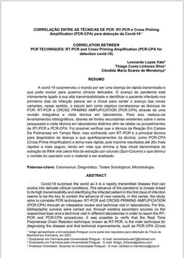 Correlação entre as técnicas de PCR: RT-PCR e Cross Priming Amplification (PCR-CPA) para a detecção da Covid-19