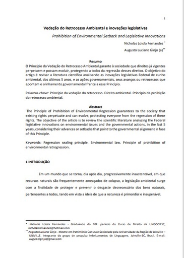 Vedação do Retrocesso Ambiental e inovações legislativas