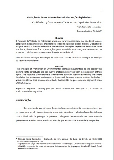 Vedação do Retrocesso Ambiental e inovações legislativas