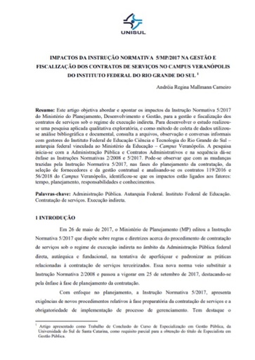 Impactos da Instrução Normativa 5/MP/2017 na gestão e fiscalização dos contratos de serviço no Campus Veranópolis do Instituto Federal do Rio Grande do Sul