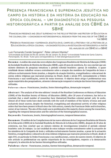 Presença franciscana e supremacia jesuítica no campo da história e da história da educação na época colonial - um diagnóstico na pesquisa historiográfica a partir da análise dos CBHE da SBHE