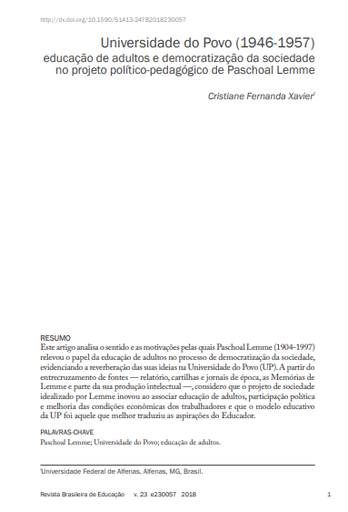 Universidade do Povo (1946-1957) educação de adultos e democratização da sociedade no projeto político-pedagógico de Paschoal Lemme