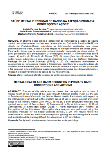 SAÚDE MENTAL E REDUÇÃO DE DANOS NA ATENÇÃO PRIMÁRIA: CONCEPÇÕES E AÇÕES