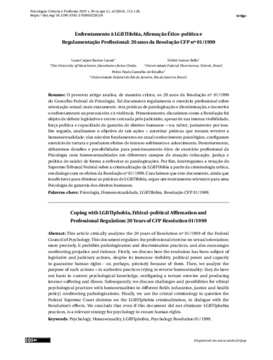 Enfrentamento à LGBTIfobia, Afirmação Ético-política e Regulamentação Profissional: 20 anos da Resolução CFP nº 01/1999