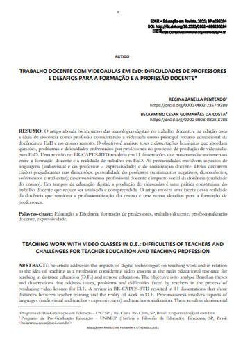 TRABALHO DOCENTE COM VIDEOAULAS EM EaD: DIFICULDADES DE PROFESSORES E DESAFIOS PARA A FORMAÇÃO E A PROFISSÃO DOCENTE