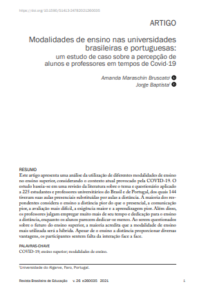 Modalidades de ensino nas universidades brasileiras e portuguesas: um estudo de caso sobre a percepção de alunos e professores em tempos de Covid-19