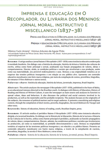 Imprensa e educação em O Recopilador, ou Livraria dos Meninos: jornal moral, instructivo e miscellanico (1837-38)
