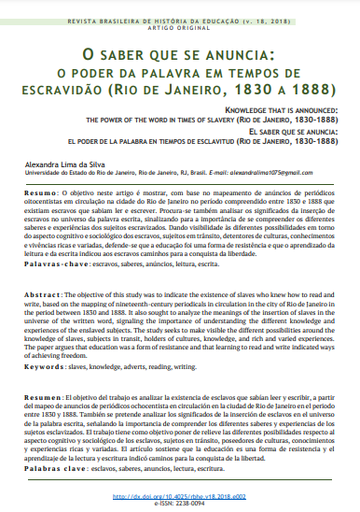 O saber que se anuncia: o poder da palavra em tempos de escravidão (Rio de Janeiro, 1830 a 1888)