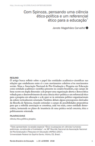 Com Spinoza, pensando uma ciência ético-política e um referencial ético para a educação