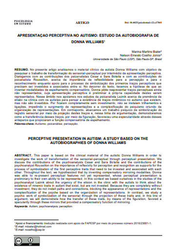 APRESENTAÇAO PERCEPTIVA NO AUTISMO: ESTUDO DA AUTOBIOGRAFIA DE DONNA WILLIAMS