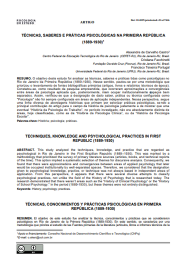 TÉCNICAS, SABERES E PRÁTICAS PSICOLÓGICAS NA PRIMEIRA REPÚBLICA (1889-1930)