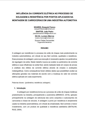 Influência da corrente elétrica no processo de soldagem a resistência por pontos aplicados na montagem de carrocerias em uma indústria automotiva
