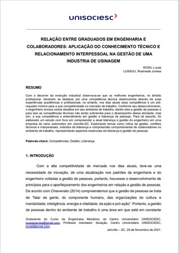 Relação entre graduados em engenharia e colaboradores: aplicação do conhecimento técnico e relacionamento interpessoal na gestão de uma indústria de usinagem