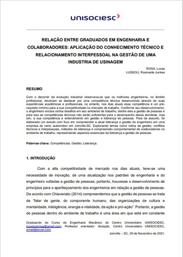 Relação entre graduados em engenharia e colaboradores: aplicação do conhecimento técnico e relacionamento interpessoal na gestão de uma indústria de usinagem