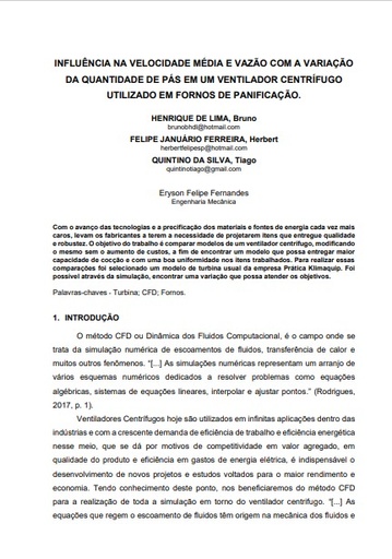 Influência na velocidade média e vazão com a variação da quantidade de pás em um ventilador centrífugo utilizado em fornos de panificação