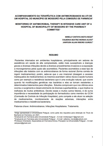 Acompanhamento da terapêutica com antimicrobianos na UTI de um hospital do município de Mossoró pela comissão de farmácia