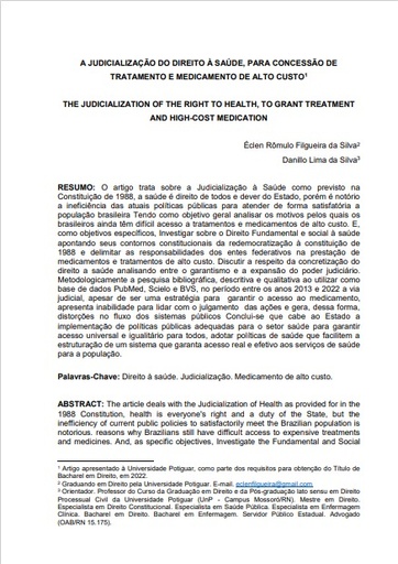 A judicialização do direito a saúde, para concessão de tratamento e medicamento de alto custo