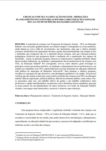 Crianças com TEA na Educação Infantil: mediação e planejamento inclusivo relacionado à organização e espaços do C.E.I no Município de Balneário Gaivota/SC