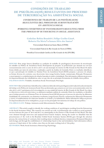 CONDIÇÕES DE TRABALHO DE PSICÓLOGAS(OS) RESULTANTES DO PROCESSO DE TERCEIRIZAÇÃO NA ASSISTÊNCIA SOCIAL