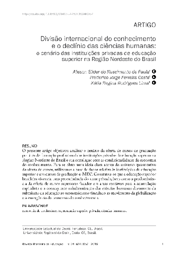 Divisão internacional do conhecimento e o declínio das ciências humanas: o cenário das instituições privadas de educação superior na Região Nordeste do Brasil