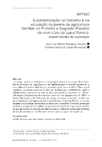 Subalternização no trabalho e na educação de jovens da agricultura familiar no Primeiro e Segundo Planalto do município da Lapa/Paraná: possibilidades de superação