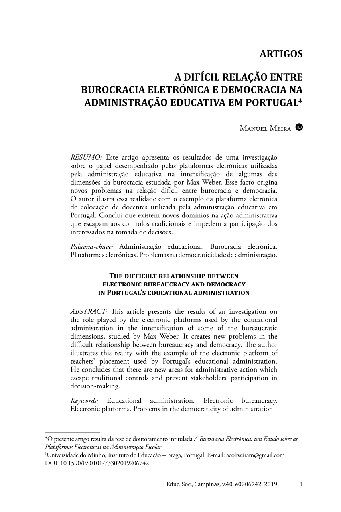 A DIFÍCIL RELAÇÃO ENTRE BUROCRACIA ELETRÓNICA E DEMOCRACIA NA ADMINISTRAÇÃO EDUCATIVA EM PORTUGAL